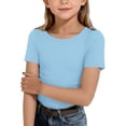 thumbnail image 2 of Resicozy Girls Shirts Cute Basic Tees Summer Ribbed Top Teens Short Sleeve Vacation T-Shirt for Kids 5-13 Years Light Blue 140, 2 of 7