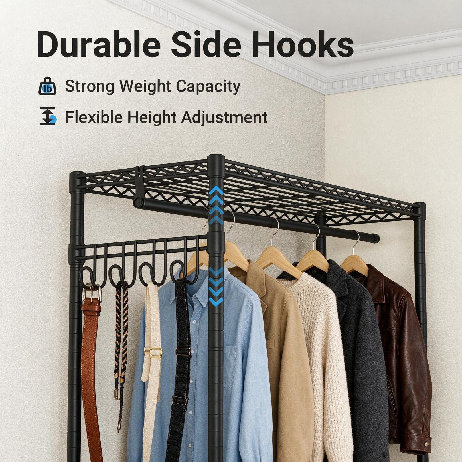 Sailvan 640LBS Heavy Duty Rolling Clothes Rack, 47" Garment Rack with Wheels, Metal Freestanding Portable Closet, 2 Hanging Rods & 3 Shelves,Black