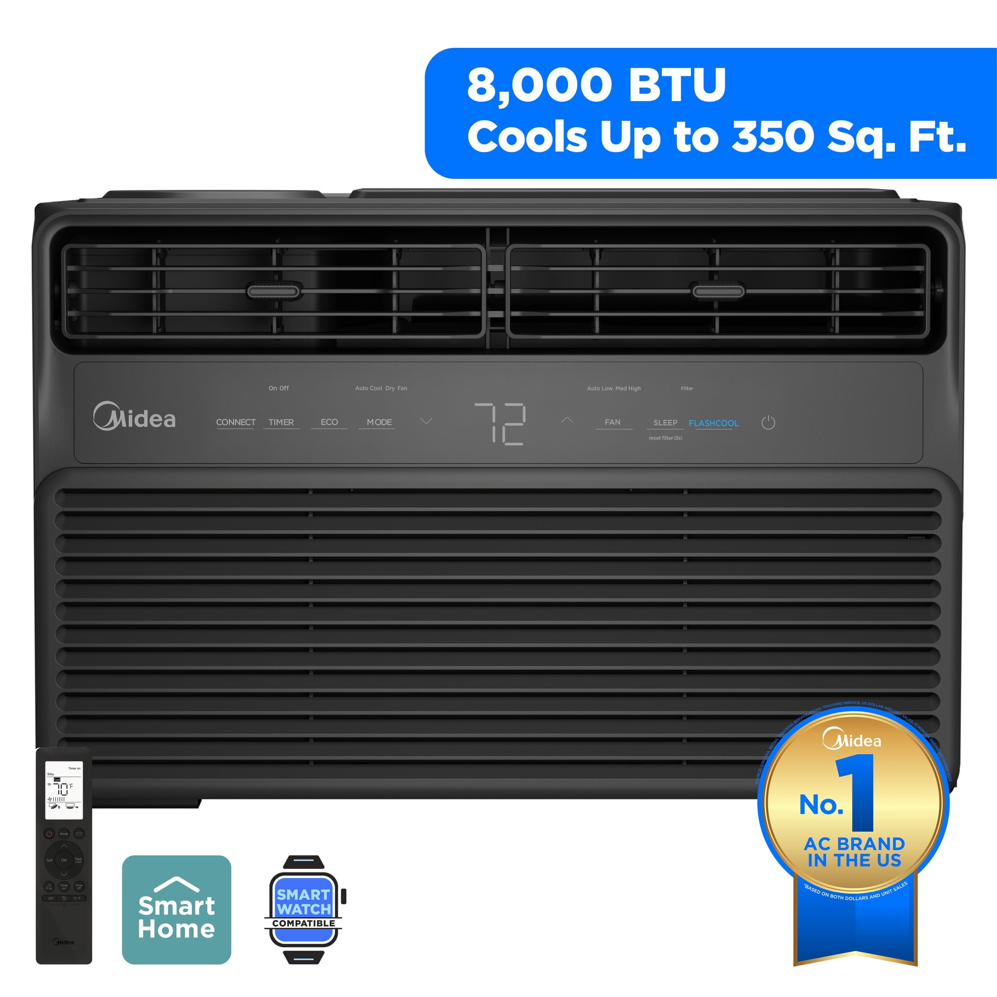 Midea 8,000 BTU Window Air Conditioner, Smart Inverter, Cools Up To 350 Sq Ft, Remote, Wi-Fi and Alexa,Black