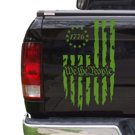 We The People Betsy Ross Flag 1776 Distressed American USA US Flag Truck Tailgate Vinyl Decal fits most Pickup Trucks Preamble of The US Constitution (11" x 20", Lime-Tree Green)