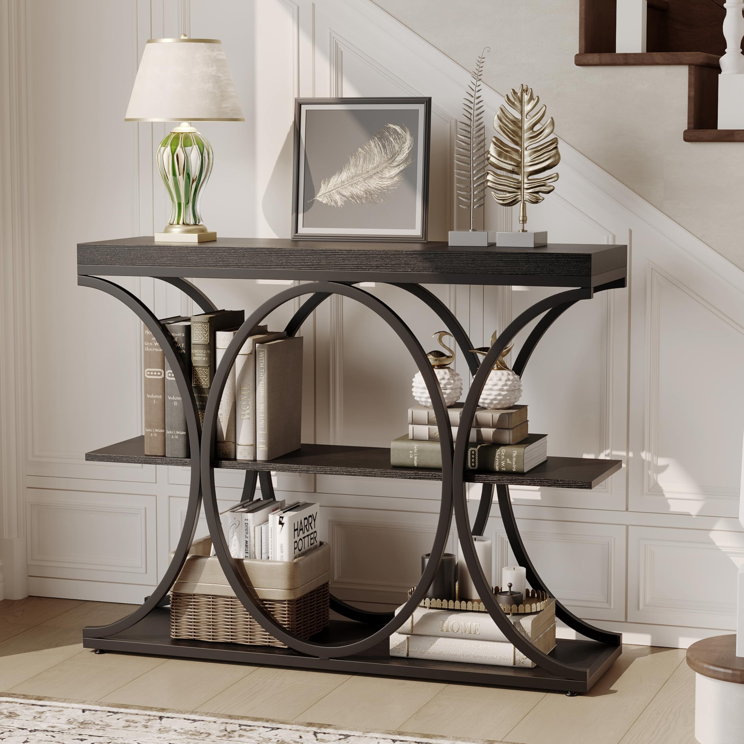 Huisuilinss Console Table,39" Narrow Entryway Table,Industrial 3-Tier Sofa Table With Round Metal Base And Storage Shelves,Wood Behind Couch Table For Living Room Hallway Foyer