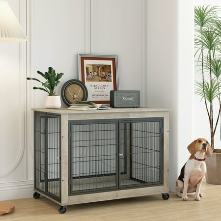 Vivifying Furniture Style Dog Crate Side Table on Wheels with Double Doors and Lift Top.(Grey,38.58’’w x 25.5’’d x 27.36’’h)