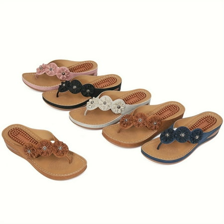

Women s Massage Wedge Flip Flops Flowers Decor Soft Sole Arch Support Slide Shoes Comfy Boho Style Sandals