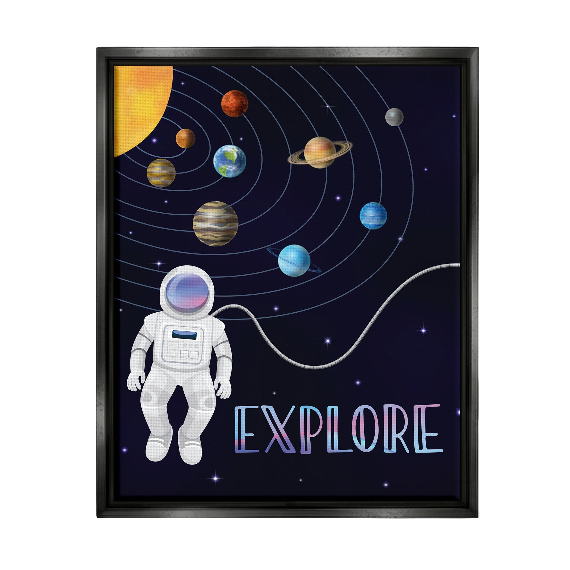 Stupell Industries Explore Outer Space Adventure Astronaut Among Planets Graphic Art Metallic Gold Floating Framed Canvas Print Wall Art, Design by Linda Birtel