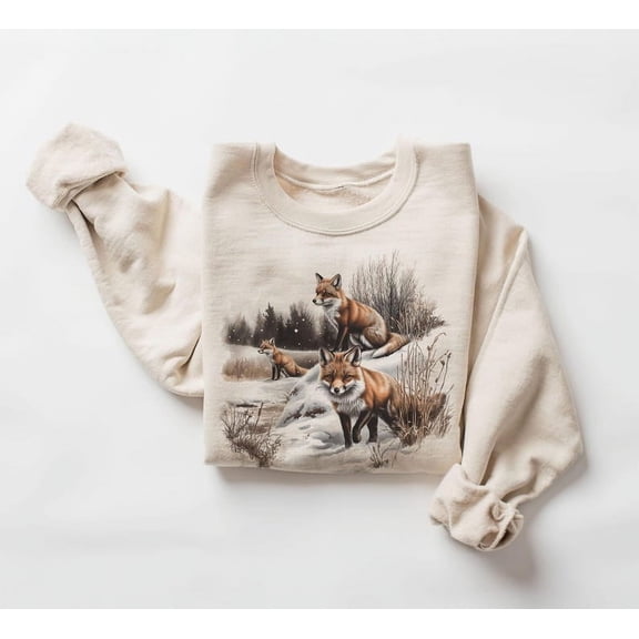 Retro Red Foxes Winter Scene Sweatshirt - 90s Fox Snowy Forest Wilderness Outfit - Boho Unisex Crewneck Sweatshirt - Sizes S-5XL ,Art Print JSC
