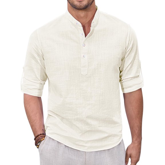 sogami Men's Cotton Linen Henley Shirts Long Sleeve Casual Button Down Shirt Roll-up