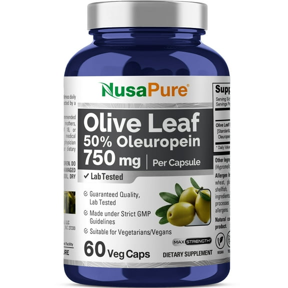 NusaPure 750mg Olive Leaf Extract 60 Caps, Non-GMO, Gluten-Free, 50% Oleuropein, Unisex Dietary Supplement for Adult Health & Wellness