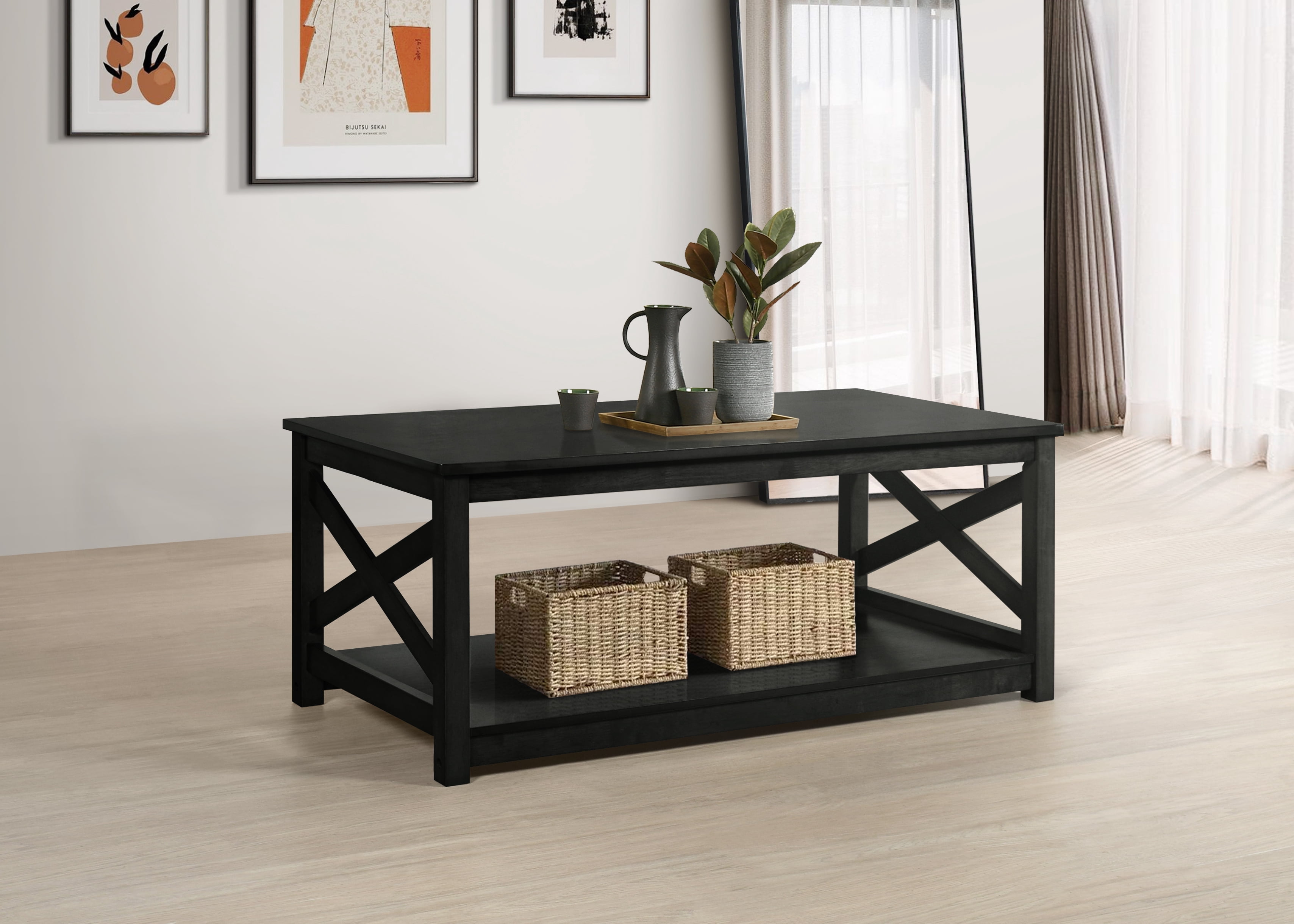 Home Design Novato 3-Piece Coffee Table Set with Rectangular Coffee Table and 2 Matching End Tables, X-Shaped Side Design with Open Shelf for Modern Living Room, Black