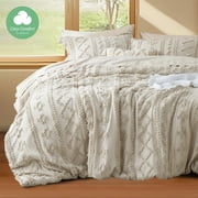 Cozy Comfort Tufted Boho Comforter Set, 3 Pieces Farmhouse Shabby Chic Embroidery Bed Set, Soft Jacquard Comforter for All Seasons,Queen,Natural
