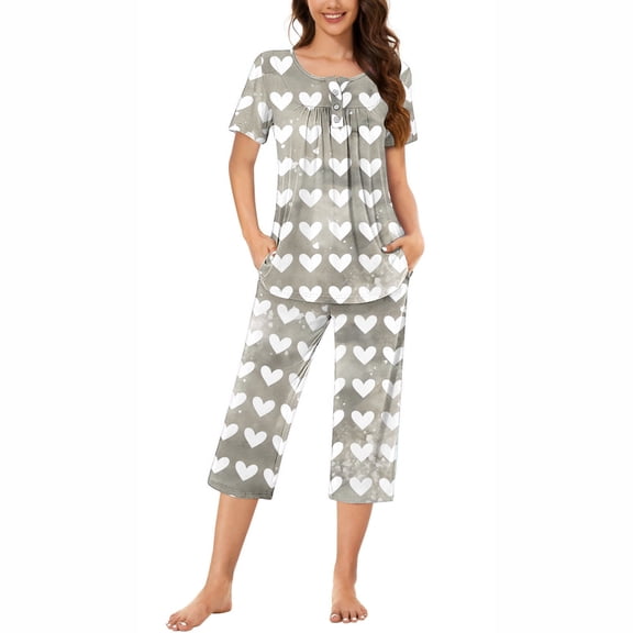 Nrmvnmi Women's Sleepwear Capri Pajama Sets Graphic Prints Button Folded Crew Neck Short Sleeved Tops And Elastic Waisted Pants With Pockets Comfortable Loungewear Sports Pajama Set