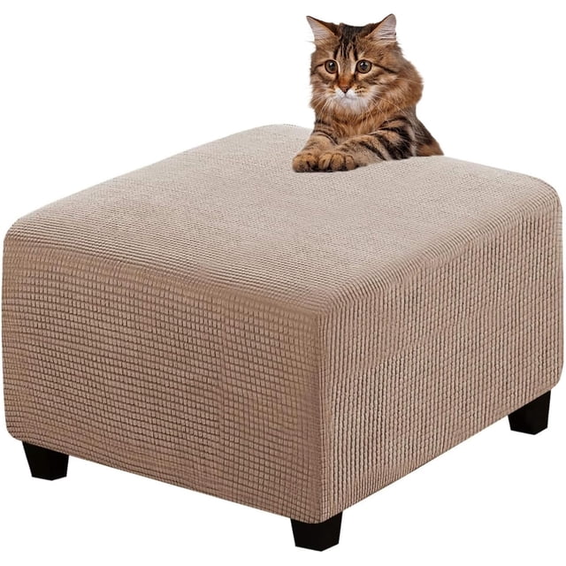 Ottoman Cover Slipcovers Square Fit Length 13"-44" Footrest, Stool Covers, Ottoman Protector Cover, Footstool Covers with Stretch Thick Checked with Elastic Bottom, Removable Washable(Sand,M(46-56cm))