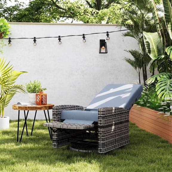 Outsunny Patio Wicker Recliner Chair with Footrest, Outdoor PE Rattan 360° Swivel Chair with Soft Cushion, Lounge Chair for Patio, Gray