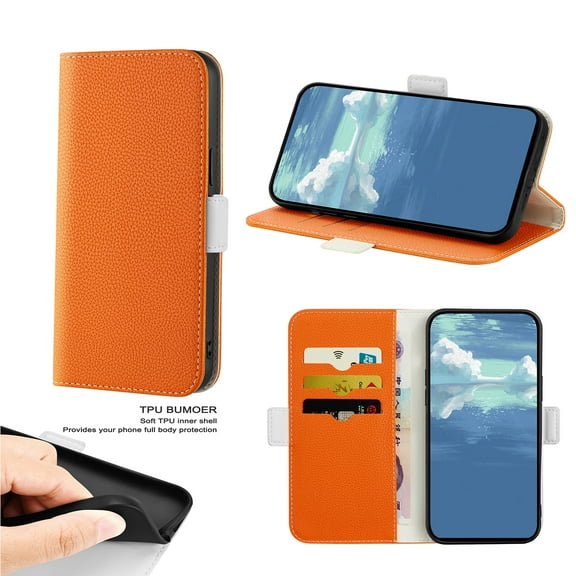 SaniMore Case for iPhone 15 Pro 6.1" 2023, Retro PU Leather Case Lychee Pattern Card Slots Cash Pocket Flip Kickstand Magnetic Clasp Wallet Business All-around Protective Cover - Orange