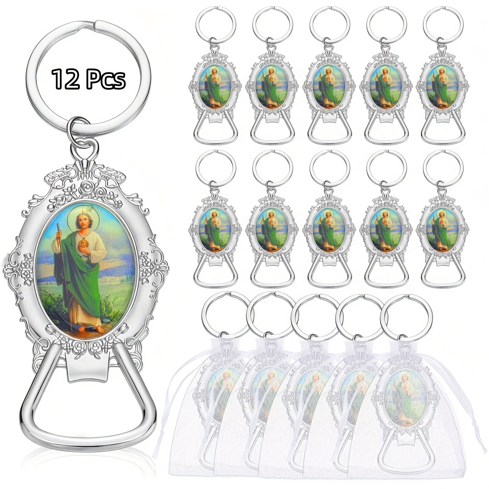 12 Sets St. Jude Bottle Opener Keychains with Organza Bags, Zinc Alloy Catholic Keychain Gift Set for Baptism, Church Celebration, Religious Gathering and Faith Inspired Keepsakes