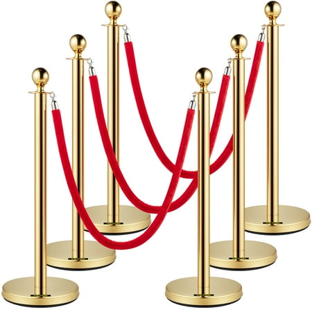 VEVOR Durable Stainless Steel Gold Stanchion with Ball Top & Velvet Rope Set, 6 Count