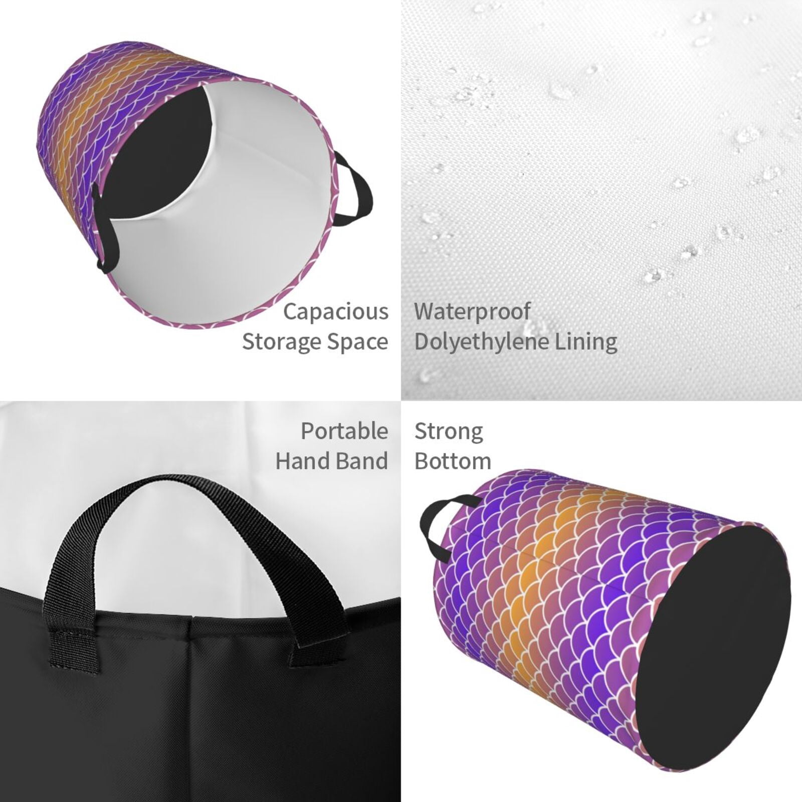 Large Laundry Basket with Handles - purple orange fish scale Kids Baby Dirty Clothes Laundry Hamper for Bedroom Aesthetic