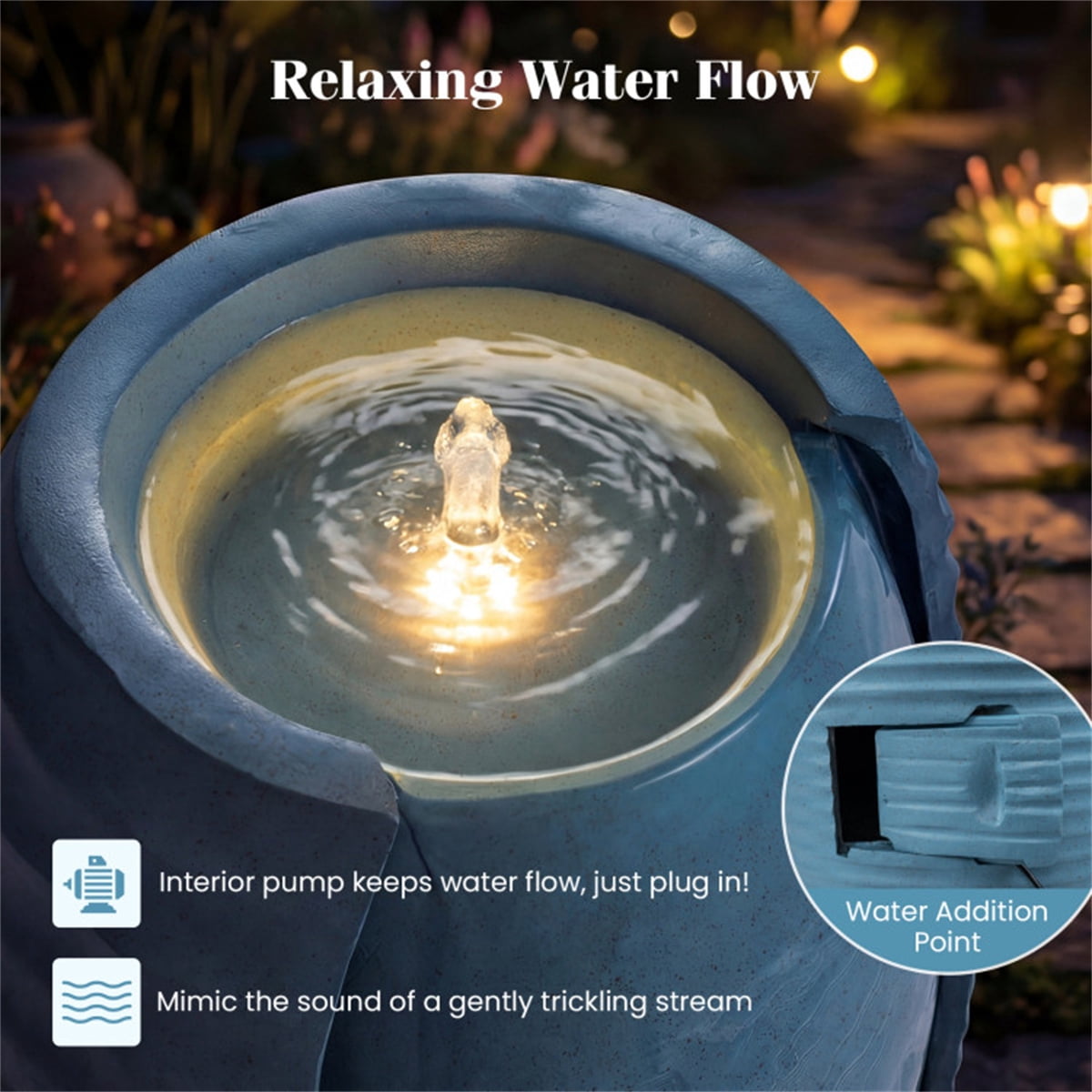 16"×32" Outdoor Cracked Jar Water Fountain with 12 LED Lights Resin Fiberglass Patio Water Feature Blue Glazed Adjustable Flow Indoor Outdoor Use