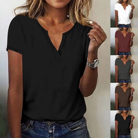 Wlynlyn Shirts for Women Casual V Neck T Shirts Short Sleeve Summer Top Loose Plain Tshirts Tees
