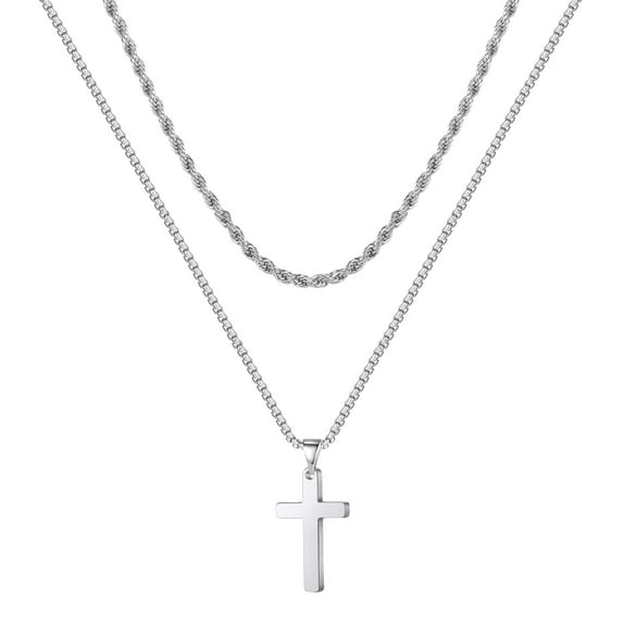 IEFSHINY Layered Cross Necklaces for Men Stainless Steel Chain Pendant Necklace for Men Fathers Day Gifts
