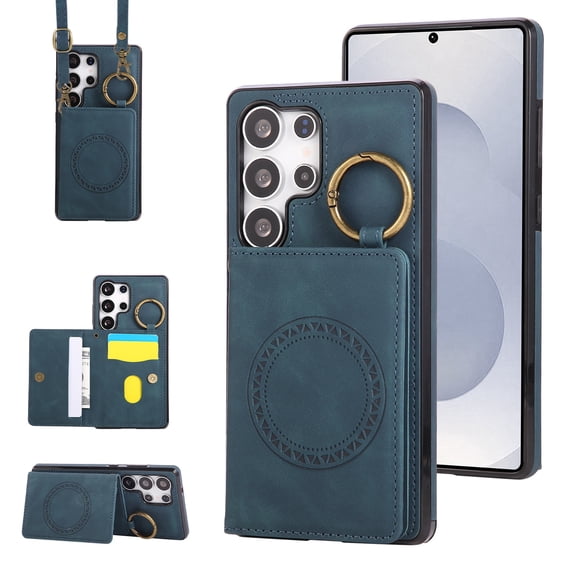 Allytechgroup Wallet Case for Samsung Galaxy S24 Ultra, Magnetic Cover with Crossbody Shoulder Strap & Ring Holder Kickstand Cards Slots Compatible with Car Mount Stylish Phone Case Shell, Blue