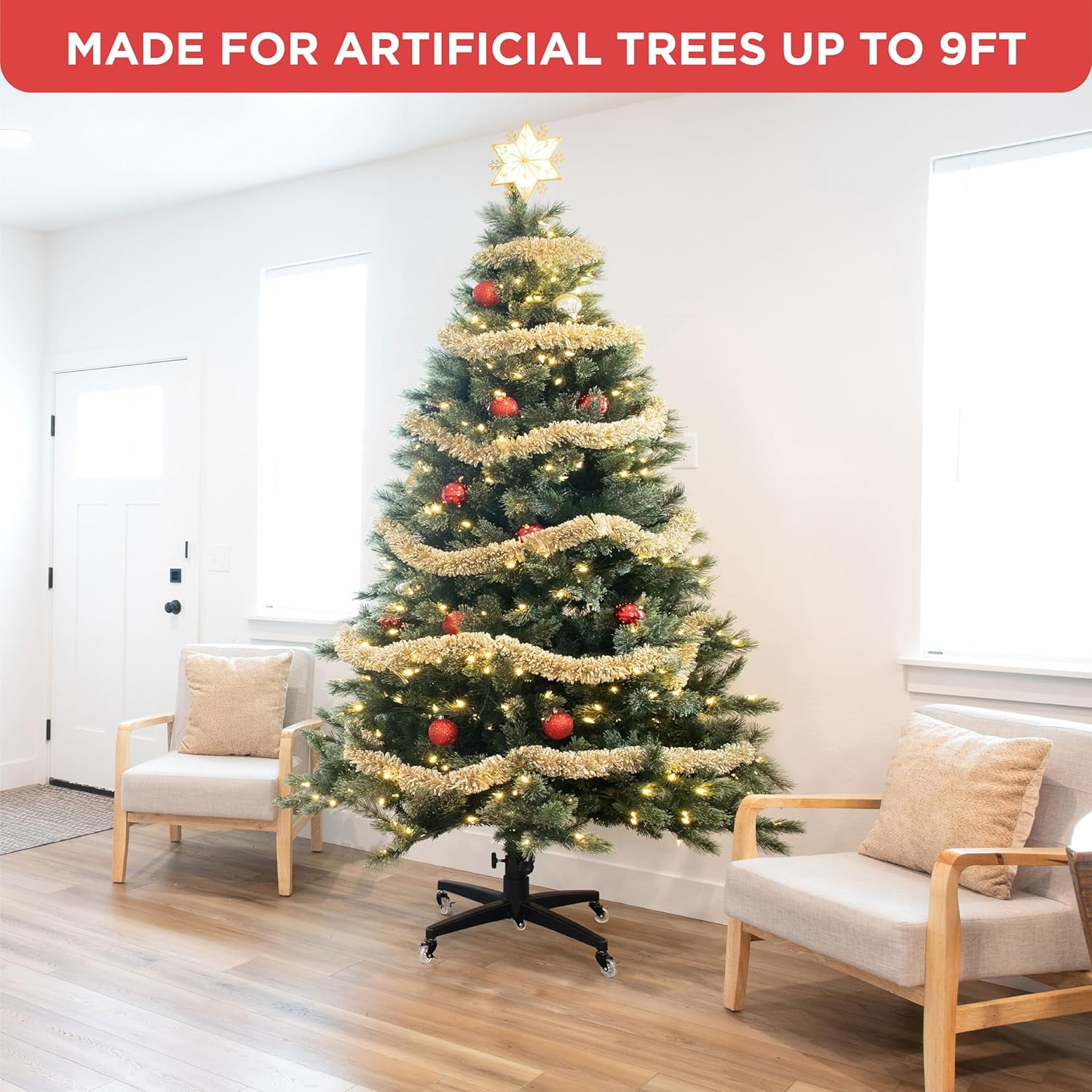 Rolling Christmas Tree Stand with Heavy Duty Casters and Adjustable Base. Holds up to 9ft Trees