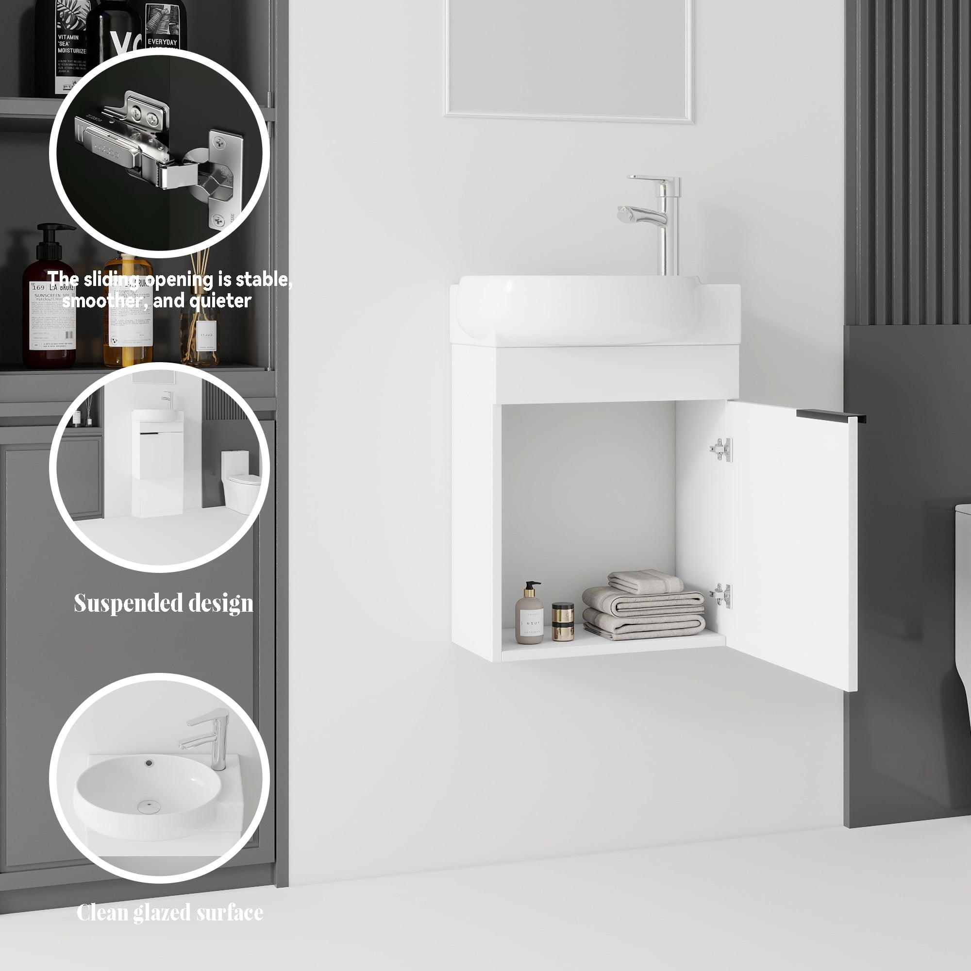 Leumius 16" Wall-Mount Bathroom Vanity Cabinet with with Ceramic Sink & Soft‑Close Doors for Small Space,Bathrooms,White