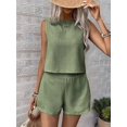 thumbnail image 2 of Womens 2 Piece Summer Linen Outfits Short Sets Round Neck Sleeveless Tank Top Elastic High Waisted Shorts  Green S, 2 of 8