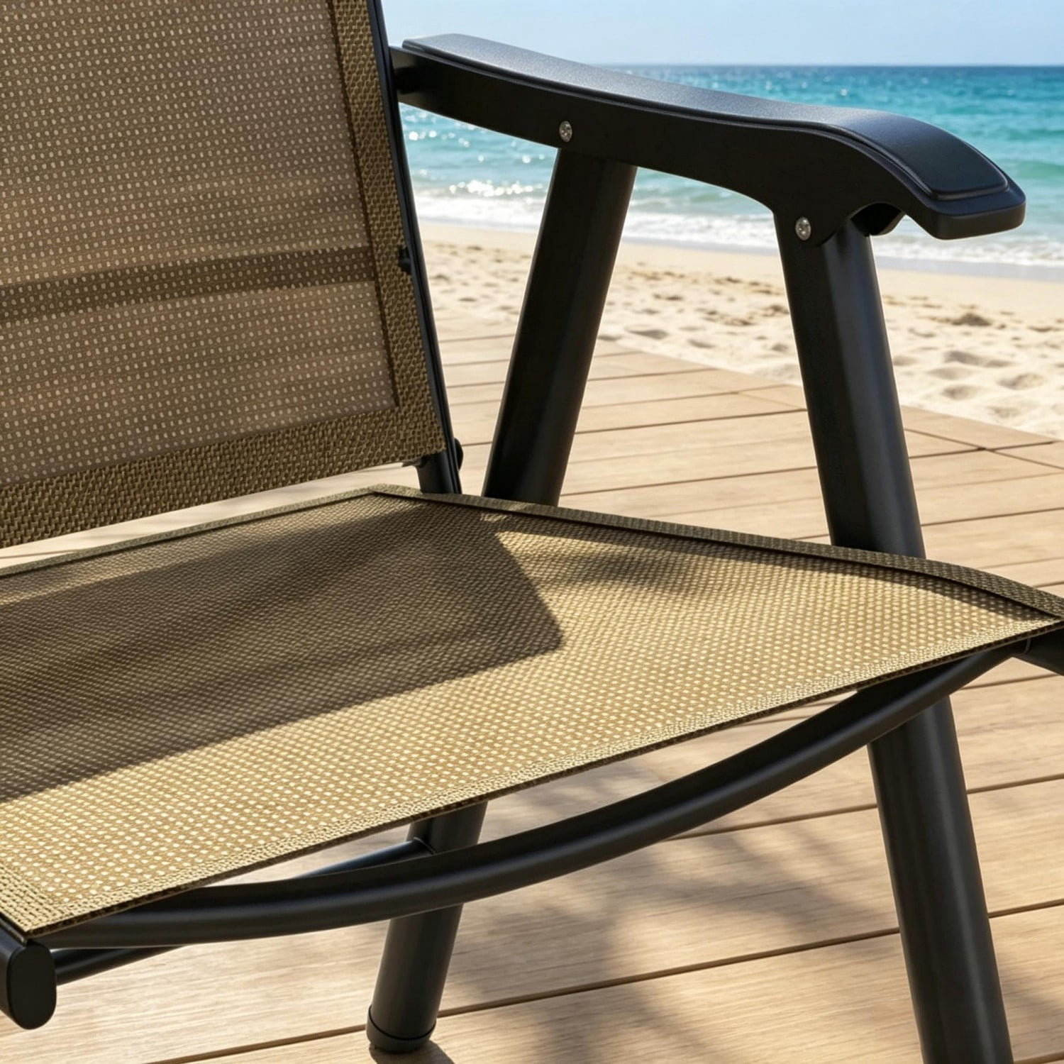 Outdoor Folding Chairs Set of 4, Portable Lawn Chairs with Breathable Sling Mesh, Powder-Coated Steel Frame, Armrests for Camping, Patio, Beach, Events, Black & Brown
