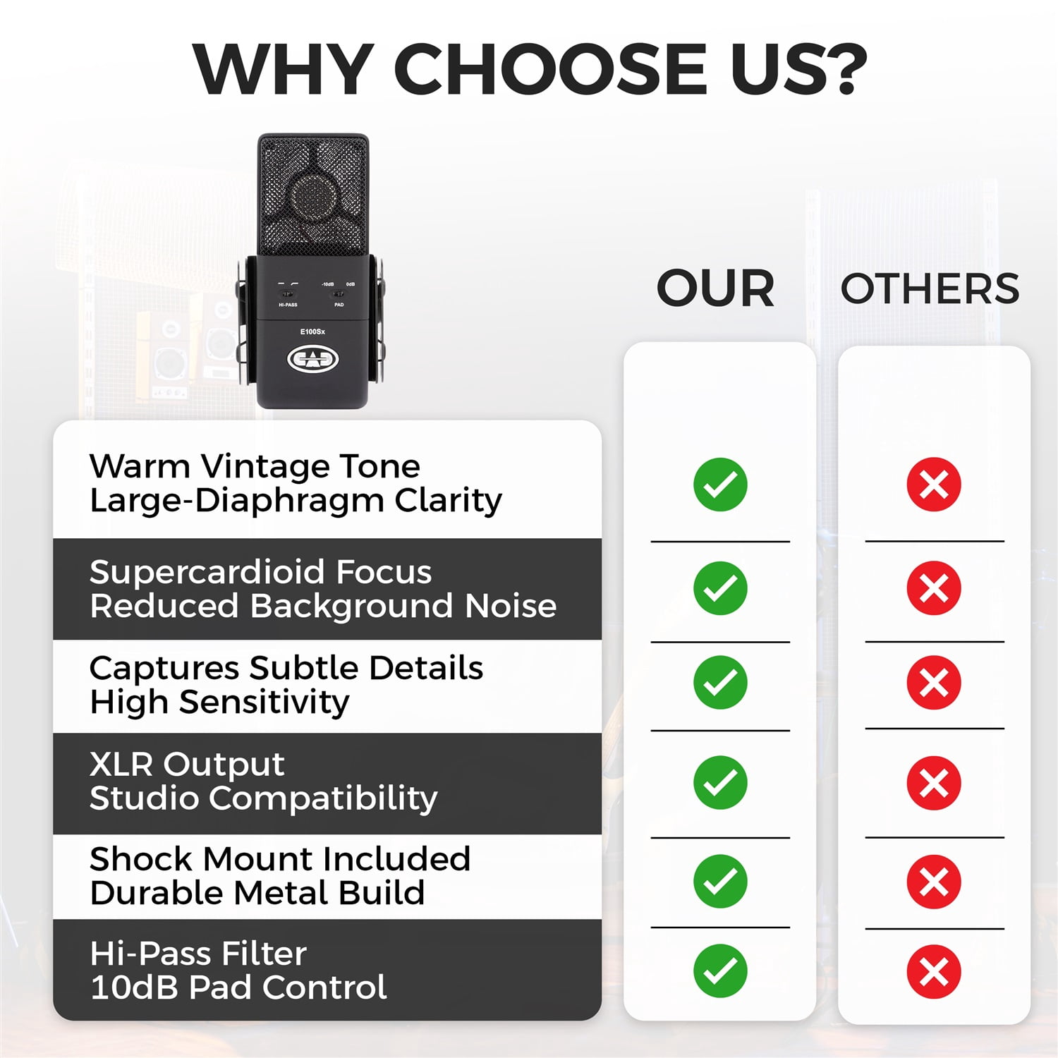 CAD Audio E100Sx Large Diaphragm Supercardioid Condenser Microphone Bundle with CAD Acousti-Shield AS12 Reflection Shield, 10ft XLR Cable, Pop Filter, and Custom Shockmount