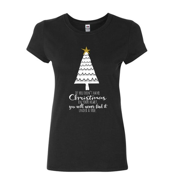 Tee Hunt Christmas in Your Heart Women's T-Shirt Xmas Christmas Tree Jingle Bells Shirt, Black, Small