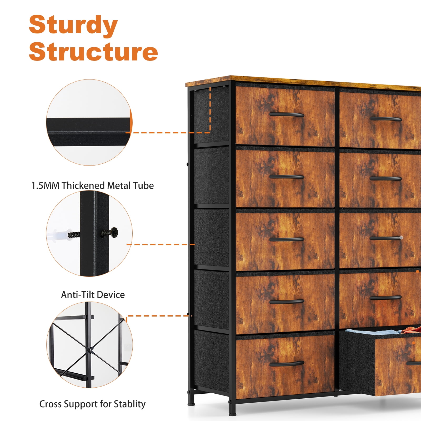 CONCETTA 10-Drawer Fabric Dresser Storage Chest for Bedroom, Closet, Entryway, Storage Furniture for Adults, Rust