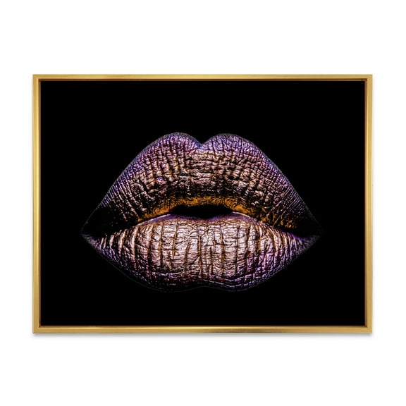 Designart 'Sexy Golden Metallized Woman Lips V' Modern Framed Canvas Wall Art Print
