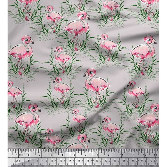 Soimoi Grey Cotton Jersey Fabric Grass & Flamingo Bird Print Fabric by the Yard 58 Inch Wide