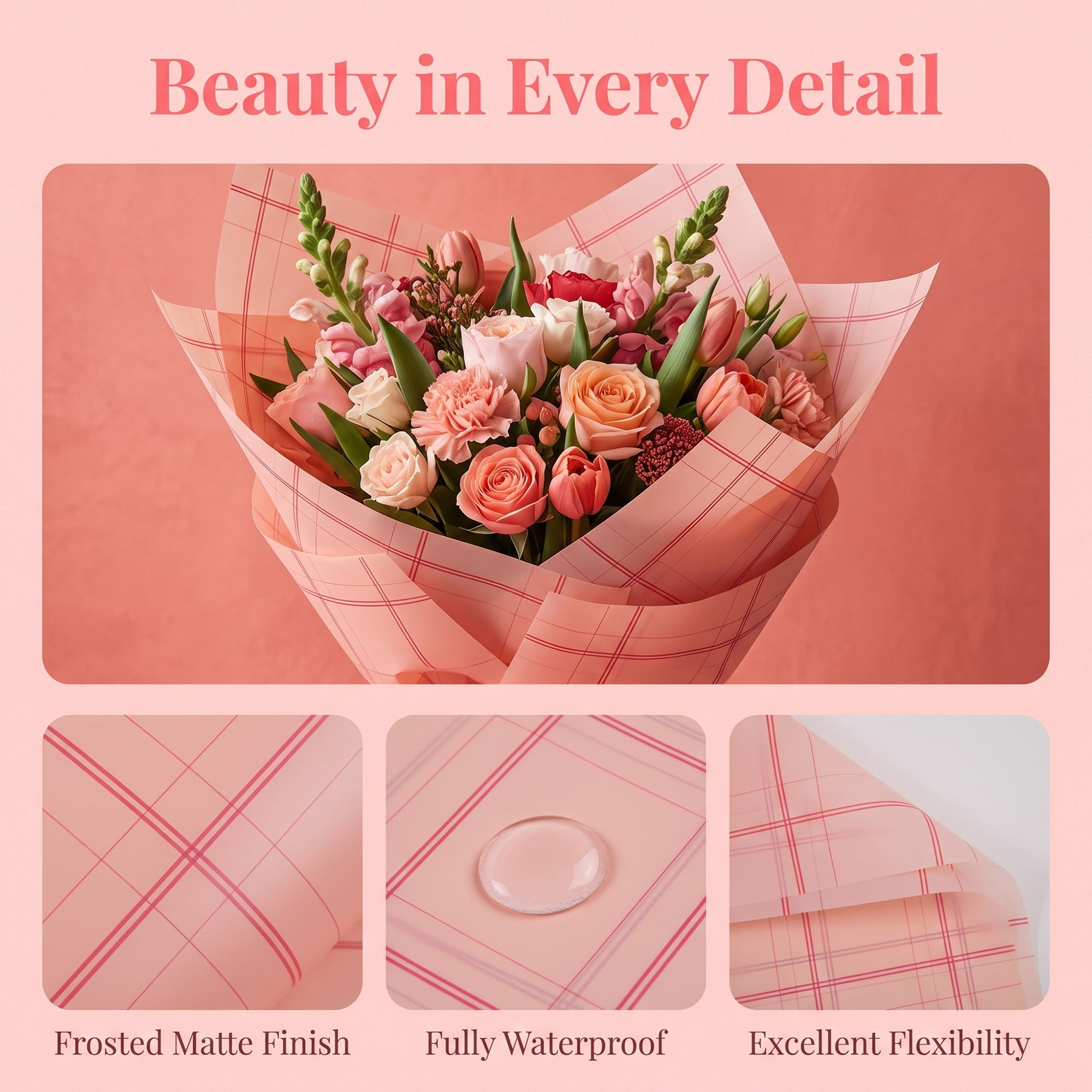 Unique Bargains Luxury Plaid Waterproof Gift Wrap Paper for Bouquets Pink 22.4"x 22.4"