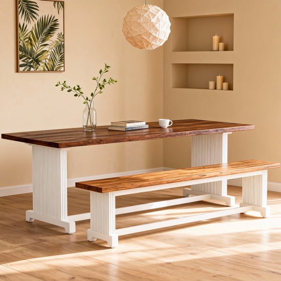 KIOOTTO 47" Farmhouse Dining Table Set with 2 Benches, White & Brown Kitchen Table for 2-4, Space-Saving 3-Piece Set for Small Apartments & Breakfast Nooks