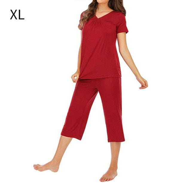 Women Sleepwear Set V Neck Top Pants Modal Pajamas Nightwear, Red, XL