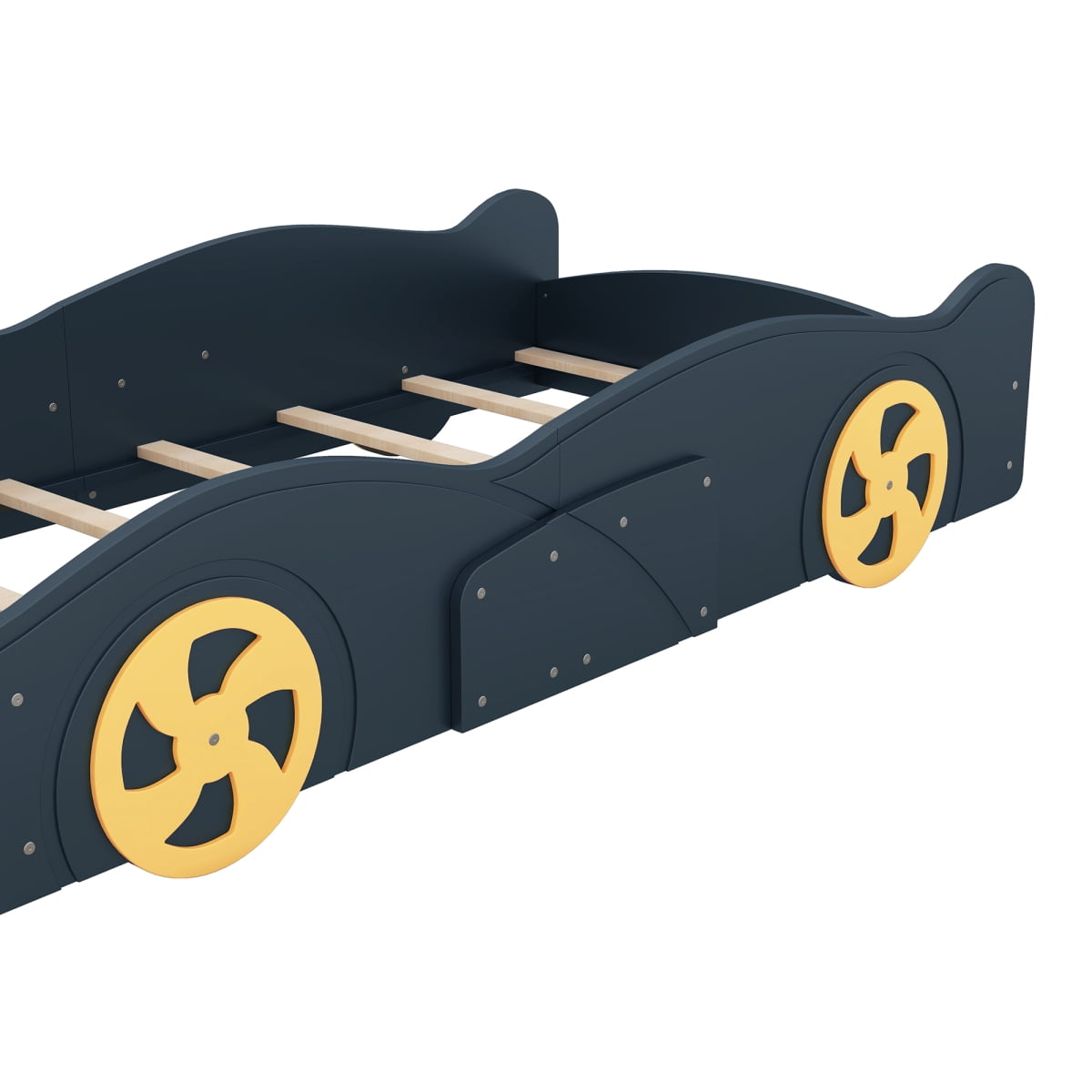 Luckynote Twin Race Car Bed, Wood Platform with Wheels and Storage, for Bedroom, Dark Blue Yellow