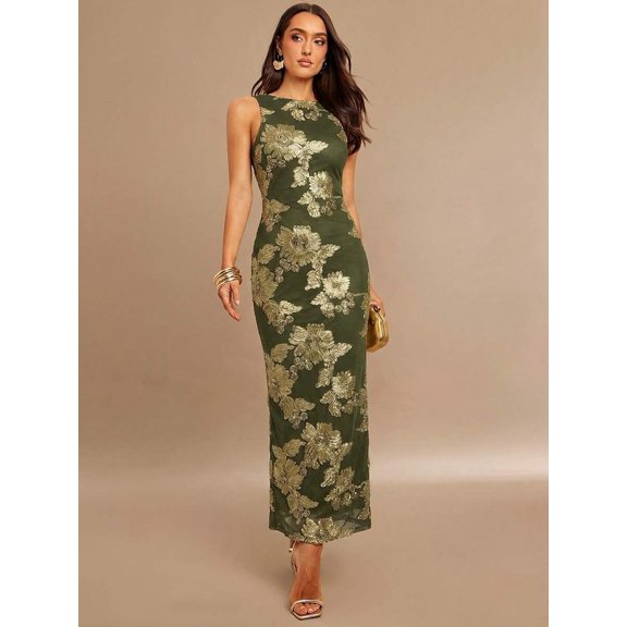Olive Green 3D Floral Embroidered Sleeveless High Neck Maxi Dress