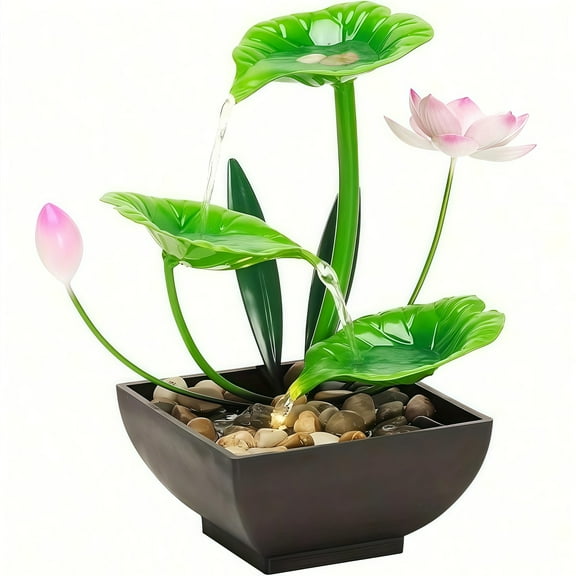 Lumiartisan 3-Tier Lotus Desk Fountain With LED Lights, River Rocks - Tabletop - 25x19x15cm