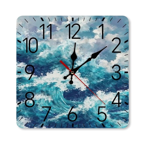 RKSupls 10×10inch Square Silent Wall Clock Wooden Frame, Ocean Waves Storm Scale Decorative Clock for Home Bedroom Living Room Office