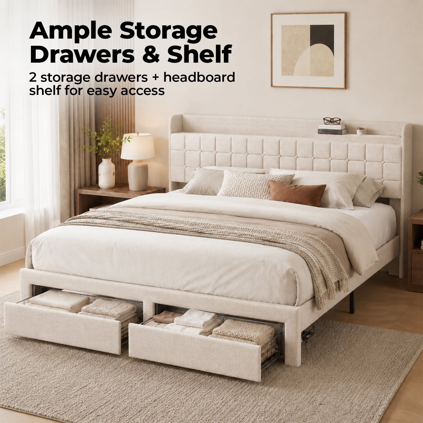 Alvantor Upholstered Bed Frame with 2 Storage Drawers and Fabric Headboard, Full Size, Heavy Duty Metal Platform, Easy Assembly