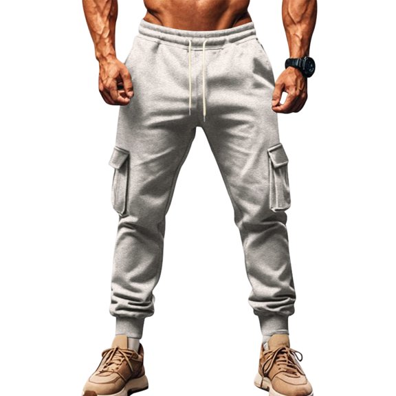 Fleece Cargo Sweatpants for Men Heavyweight Winter Casual Joggers Drawstring Elastic Waist Sweat Pants with Pockets