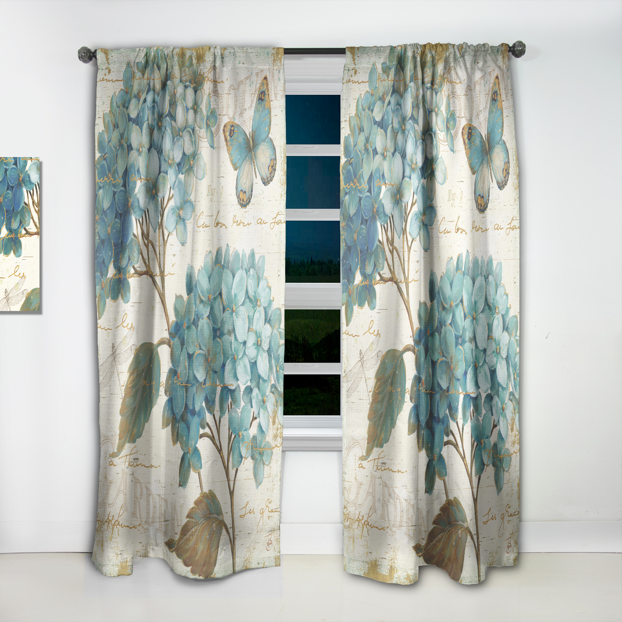 Designart 'Butterfly Blue Flower Garden I' Farmhouse Curtain Panel