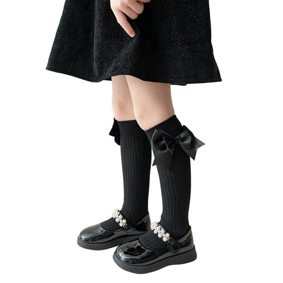 Dongfang Kids Socks Toddler Girls Large Bow Plain Knee Length Non Grip Stockings For School Durable Breathable Long Socks