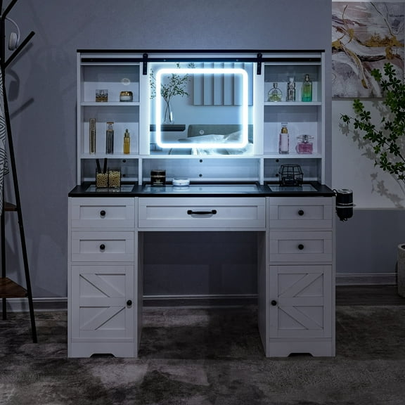 Naomi Home Vanya Makeup Vanity Desk with Mirror & Lights, Charging Station, 6 Drawers, White