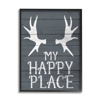 Stupell Industries Rustic My Happy Place Large Elk Antlers Black Framed by Kim Allen