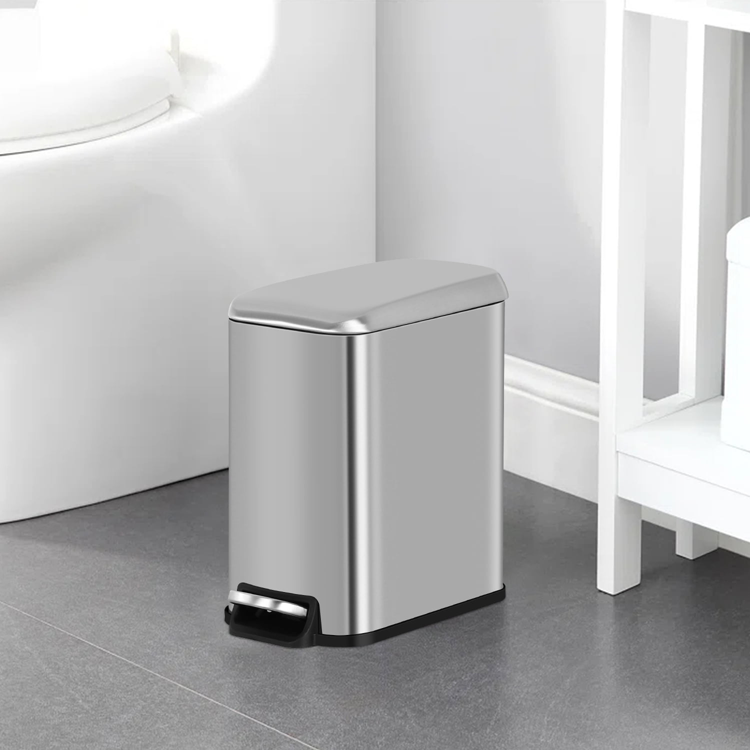 5 L / 1.3 Gallon Trash Can with Lid,Step Pedal Trash Bin Slim Trash Can Stainless Steel Garbage Can with Removable Inner Bucket for Small Spaces, Silver (1 Pack)