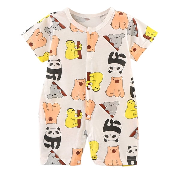 Xudanell Toddler Baby Summer Jumpsuit Casual Dinosaur Print O Neck Button Romper Short Sleeve Newborn Boy Girl Cute Clothes (Orange, 12-18 Months)