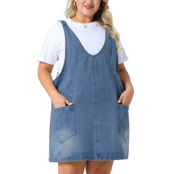 DARING DIVA Denim Overall Sleeveless V Neck Denim Jumper Dress 1X Sky Blue