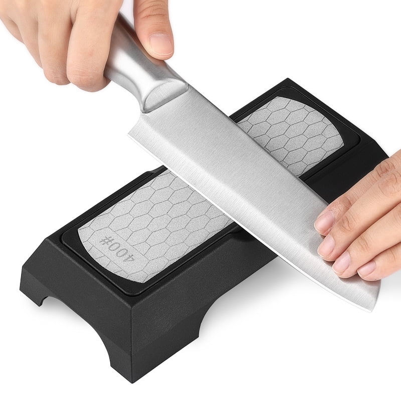 Dual-Sided Diamond Sharpening Stone, Professional Grade Kitchen Knife Sharpener with Non-Slip Base, Coarse & Fine Grit for Chef Knives, Scissors, and Garden Tools, Silver Chrome